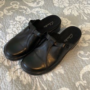 Clarks black leather mules size 7